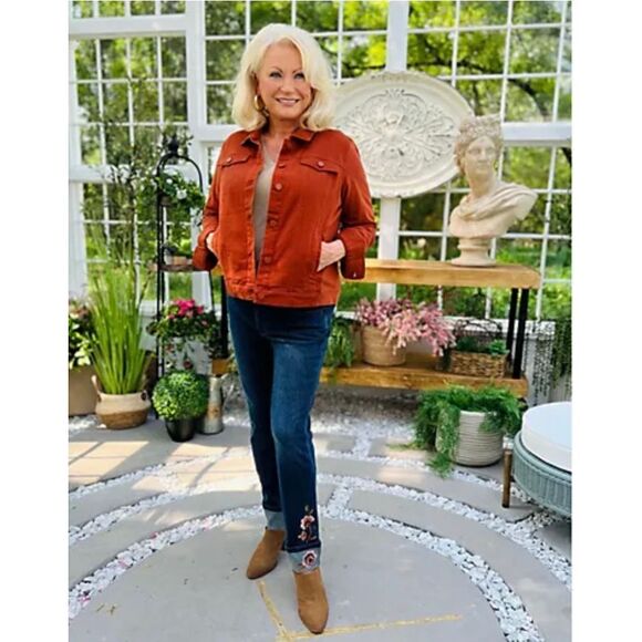 Belle by Kim Gravel Womens 2X Button Front Twill Jacket Knit Back Rust NWOT - Picture 2 of 9